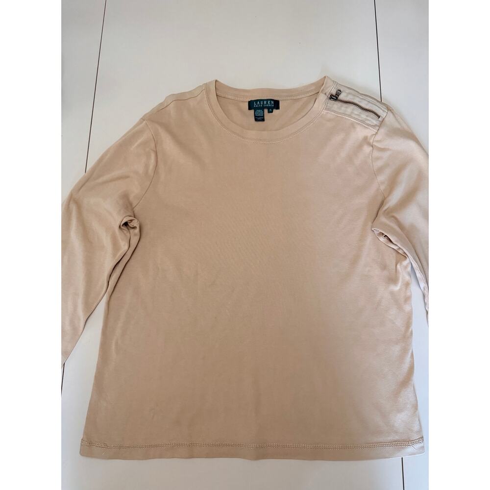 Lauren Ralph Lauren XL Cotton Long Sleeve Top Shoulder Zip Beige